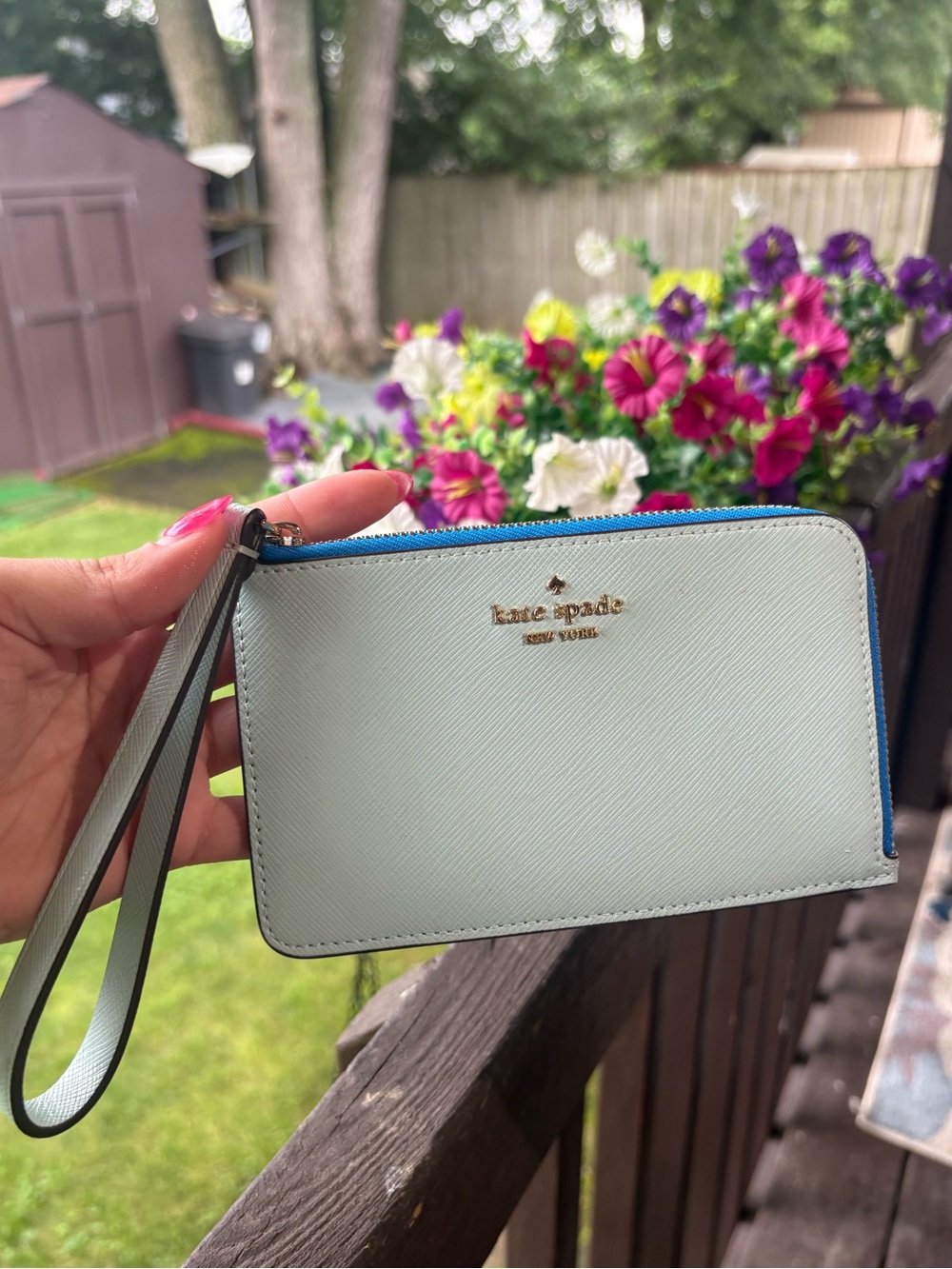 kate spade Lucy Light/Blue Bicolor L-Zip Wristlet Saffiano Leather